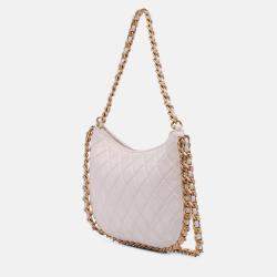 Pre Owned Chanel White Large Shiny Crumpled Quilted Lambskin Trendy Chain Around Hobo