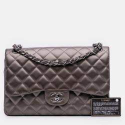 Pre Owned Chanel Grey Jumbo Classic Lambskin Double Flap