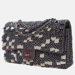 Pre Owned Chanel Blue Medium Classic Canvas Sequin Stripes Double Flap