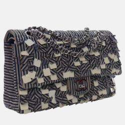 Pre Owned Chanel Blue Medium Classic Canvas Sequin Stripes Double Flap