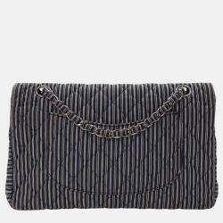 Pre Owned Chanel Blue Medium Classic Canvas Sequin Stripes Double Flap