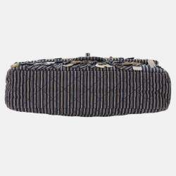 Pre Owned Chanel Blue Medium Classic Canvas Sequin Stripes Double Flap