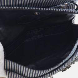 Pre Owned Chanel Blue Medium Classic Canvas Sequin Stripes Double Flap