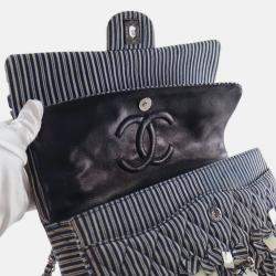 Pre Owned Chanel Blue Medium Classic Canvas Sequin Stripes Double Flap