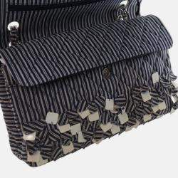 Pre Owned Chanel Blue Medium Classic Canvas Sequin Stripes Double Flap