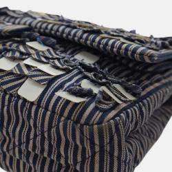 Pre Owned Chanel Blue Medium Classic Canvas Sequin Stripes Double Flap