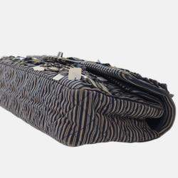 Pre Owned Chanel Blue Medium Classic Canvas Sequin Stripes Double Flap