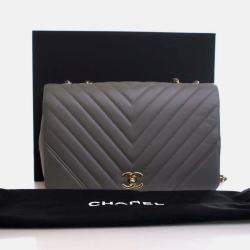 Pre Owned Chanel Statement Flap Large Grey Calfskin Shoulder Bag