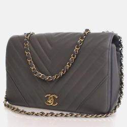 Pre Owned Chanel Statement Flap Large Grey Calfskin Shoulder Bag
