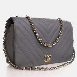 Pre Owned Chanel Statement Flap Large Grey Calfskin Shoulder Bag