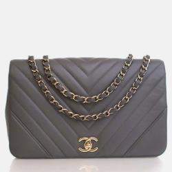 Pre Owned Chanel Statement Flap Large Grey Calfskin Shoulder Bag