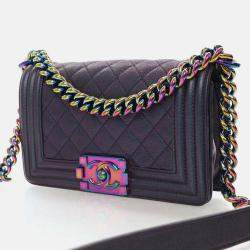 Pre Owned Chanel Boy Small Mermaid Purple Iridescent Goatskin Shoulder Bag