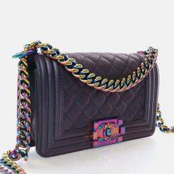 Pre Owned Chanel Boy Small Mermaid Purple Iridescent Goatskin Shoulder Bag