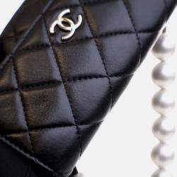 Pre Owned Chanel Maxi Pearls Mini Black Lambskin Clutch On Chain 