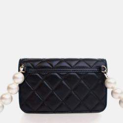 Pre Owned Chanel Maxi Pearls Mini Black Lambskin Clutch On Chain 