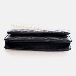 Pre Owned Chanel Maxi Pearls Mini Black Lambskin Clutch On Chain 