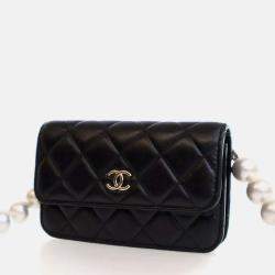 Pre Owned Chanel Maxi Pearls Mini Black Lambskin Clutch On Chain 