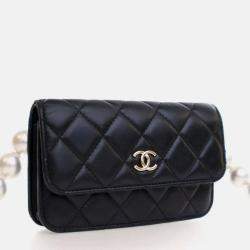 Pre Owned Chanel Maxi Pearls Mini Black Lambskin Clutch On Chain 