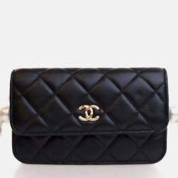 Pre Owned Chanel Maxi Pearls Mini Black Lambskin Clutch On Chain 