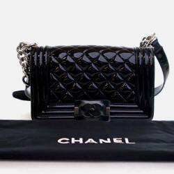 Pre Owned Chanel Boy Small Black Patent Leather Shoulder Bag