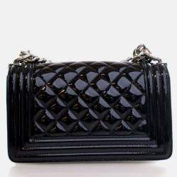 Pre Owned Chanel Boy Small Black Patent Leather Shoulder Bag