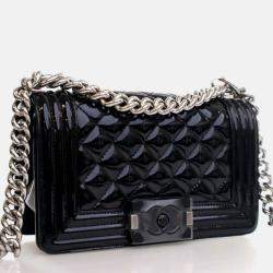 Pre Owned Chanel Boy Small Black Patent Leather Shoulder Bag