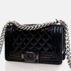 Pre Owned Chanel Boy Small Black Patent Leather Shoulder Bag