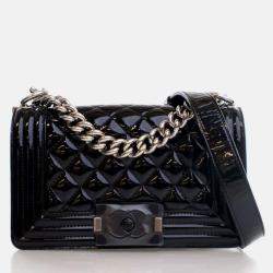 Pre Owned Chanel Boy Small Black Patent Leather Shoulder Bag