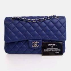 Pre Owned Chanel Classic Double Flap Medium Blue Lambskin Shoulder Bag