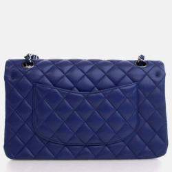 Pre Owned Chanel Classic Double Flap Medium Blue Lambskin Shoulder Bag