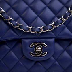 Pre Owned Chanel Classic Double Flap Medium Blue Lambskin Shoulder Bag
