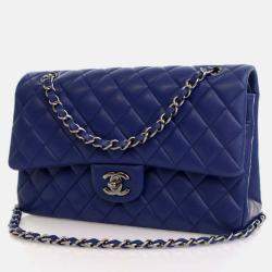 Pre Owned Chanel Classic Double Flap Medium Blue Lambskin Shoulder Bag