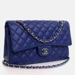 Pre Owned Chanel Classic Double Flap Medium Blue Lambskin Shoulder Bag