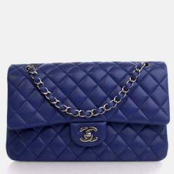 Pre Owned Chanel Classic Double Flap Medium Blue Lambskin Shoulder Bag
