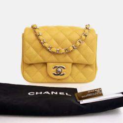 Pre Owned Chanel Classic Flap Mini Square Yellow Caviar Shoulder Bag