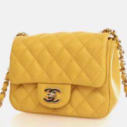 Pre Owned Chanel Classic Flap Mini Square Yellow Caviar Shoulder Bag