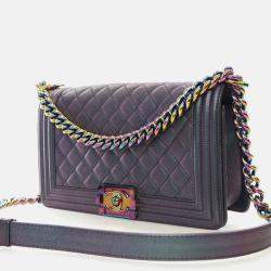 Pre Owned Chanel Boy Medium Mermaid Purple Goatskin Shoulder Bag