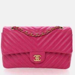 Pre Owned Chanel Classic Double Flap Medium Pink Chevron Lambskin Shoulder Bag