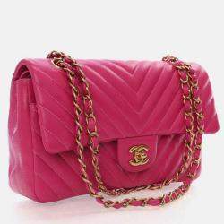 Pre Owned Chanel Classic Double Flap Medium Pink Chevron Lambskin Shoulder Bag