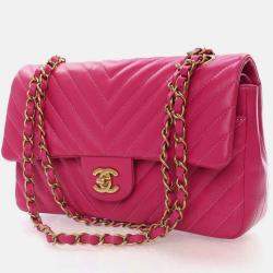 Pre Owned Chanel Classic Double Flap Medium Pink Chevron Lambskin Shoulder Bag