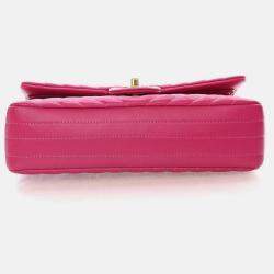 Pre Owned Chanel Classic Double Flap Medium Pink Chevron Lambskin Shoulder Bag