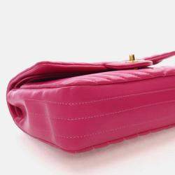 Pre Owned Chanel Classic Double Flap Medium Pink Chevron Lambskin Shoulder Bag