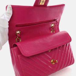 Pre Owned Chanel Classic Double Flap Medium Pink Chevron Lambskin Shoulder Bag
