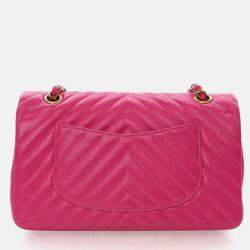 Pre Owned Chanel Classic Double Flap Medium Pink Chevron Lambskin Shoulder Bag