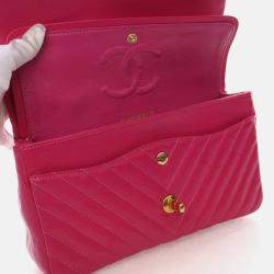 Pre Owned Chanel Classic Double Flap Medium Pink Chevron Lambskin Shoulder Bag