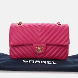 Pre Owned Chanel Classic Double Flap Medium Pink Chevron Lambskin Shoulder Bag
