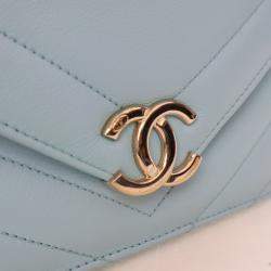 Pre Owned Chanel Chevron Flap Medium Tiffany Blue Calfskin Shoulder Bag