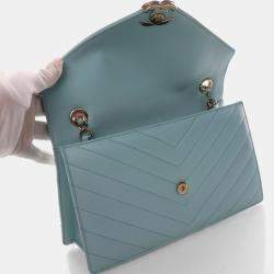 Pre Owned Chanel Chevron Flap Medium Tiffany Blue Calfskin Shoulder Bag