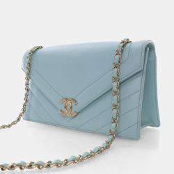 Pre Owned Chanel Chevron Flap Medium Tiffany Blue Calfskin Shoulder Bag