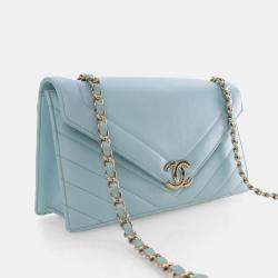 Pre Owned Chanel Chevron Flap Medium Tiffany Blue Calfskin Shoulder Bag